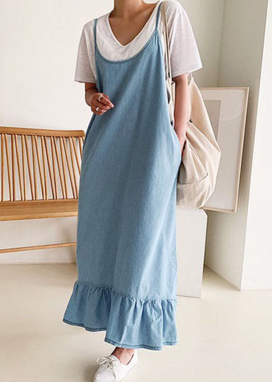 Boutique Blue Ruffled Patchwork Denim Spaghetti Strap Dress Summer