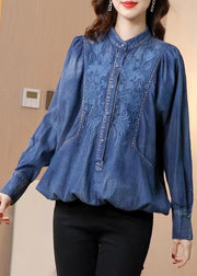 Boutique Blue Stand Collar Embroidered Patchwork Denim Top Fall