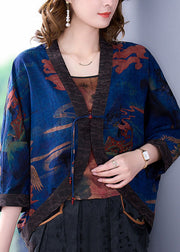 Boutique Blue V Neck Print Oriental Button Silk Loose Cardigan Batwing Sleeve