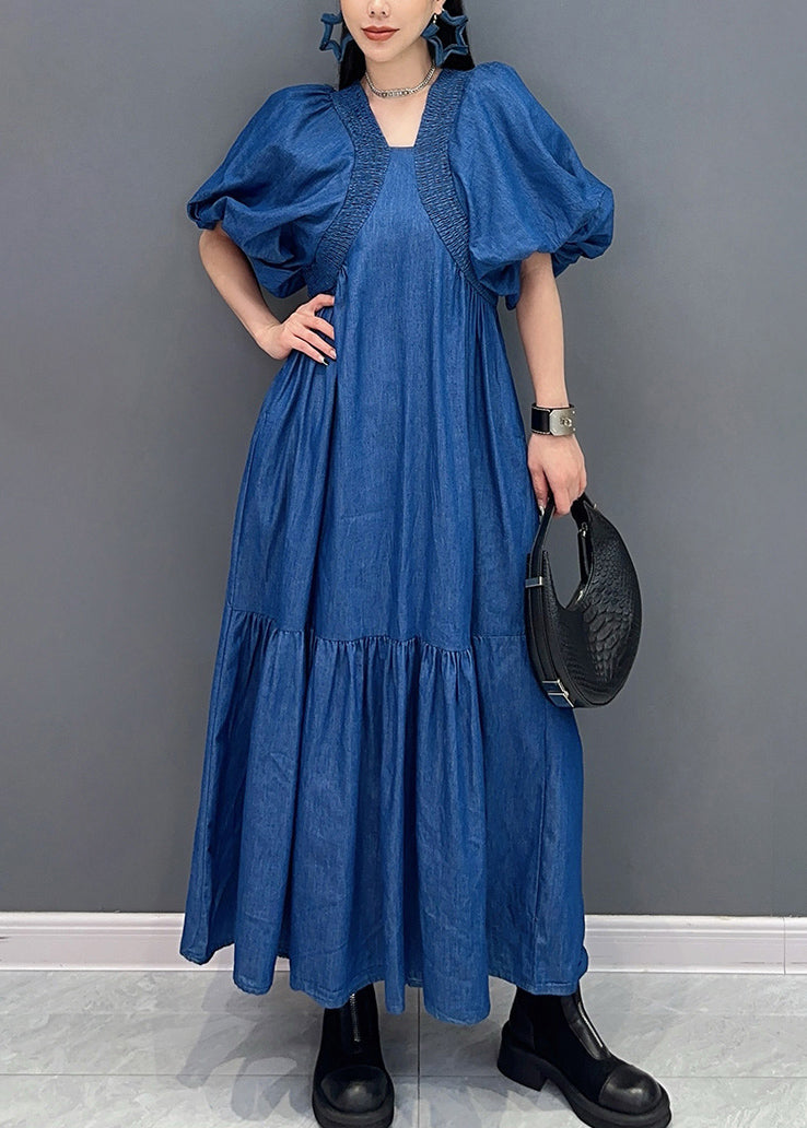 Boutique Blue V Neck Puff Sleeve Patchwork Denim Long Dress