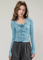 Boutique Blue V Neck Ruffled Cotton T Shirts Top Fall