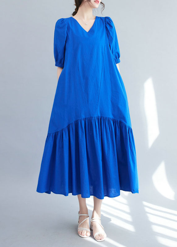 Boutique Blue V Neck Ruffled Patchwork Silk Long Dresses Summer