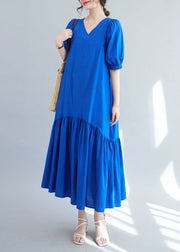 Boutique Blue V Neck Ruffled Patchwork Silk Long Dresses Summer