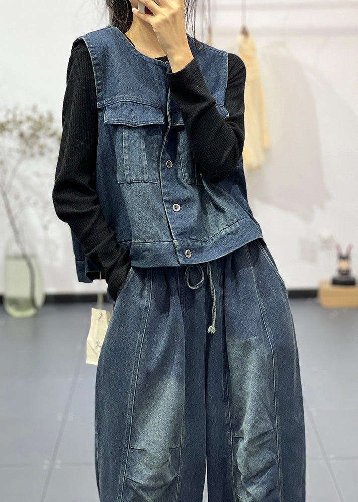 Boutique Blue Vest And Pants Denim Two Piece Set Women Clothing Fall