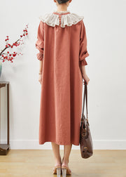 Boutique Brick Red Peter Pan Collar Cotton Robe Dresses Spring