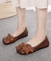 Boutique Brown Cowhide Leather Flat Shoes Splicing Ruffled