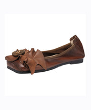 Boutique Brown Cowhide Leather Flat Shoes Splicing Ruffled