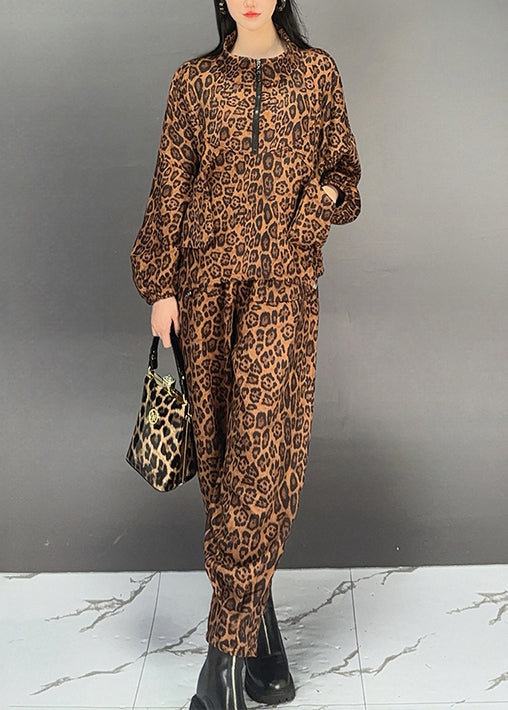 Boutique Brown Leopard Print Tops And Pants Cotton Two Pieces Set Fall