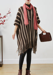 Boutique Brown Tasseled Striped Knit Sweater Dress Batwing Sleeve