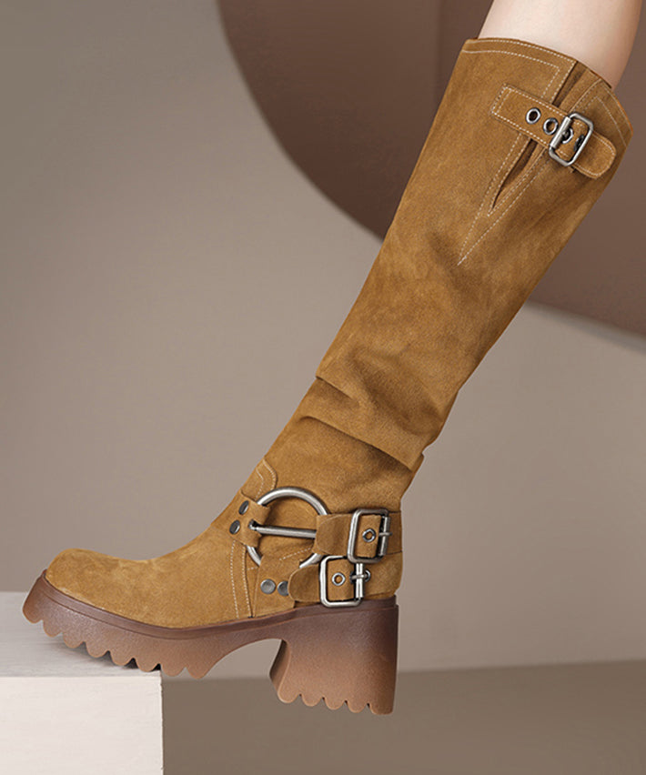 Boutique Camel Belt Buckle Chunky Heel Boots Suede