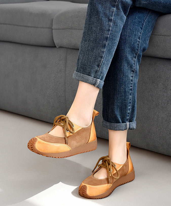 Boutique Camel Suede Splicing Lace Up Flat Shoes