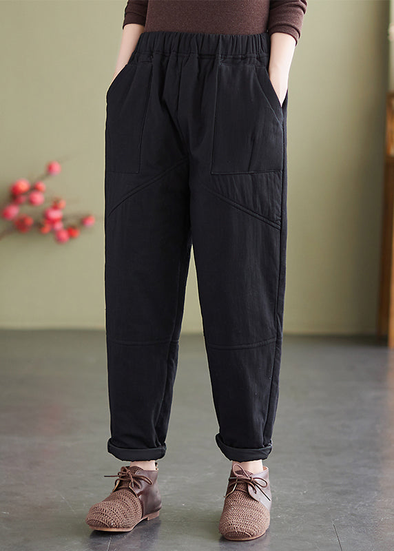 Boutique Casual Black Elastic Waist Fine Cotton Filled Pants Winter