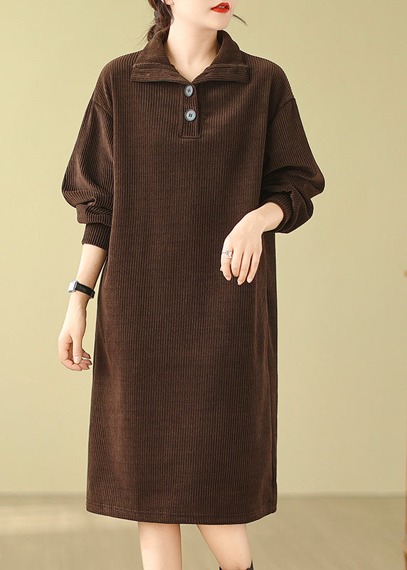 Boutique Casual Coffee Hign Neck Button Corduroy Dress Fall