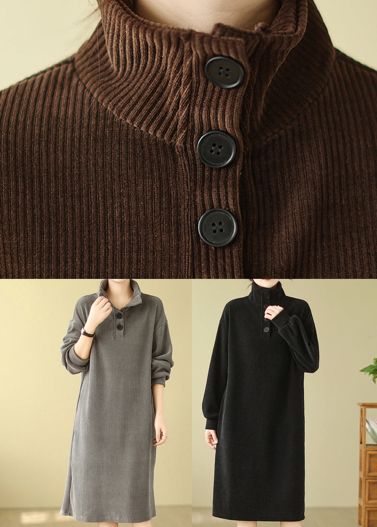 Boutique Casual Coffee Hign Neck Button Corduroy Dress Fall