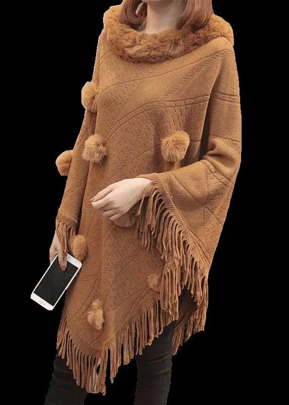 Boutique Chocolate Fur Collar Tassel Long Knit Sweater Coats Batwing Sleeve