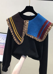 Boutique Coffee Peter Pan Collar Ruffled Knit Patchwork Sweatshirts Fall