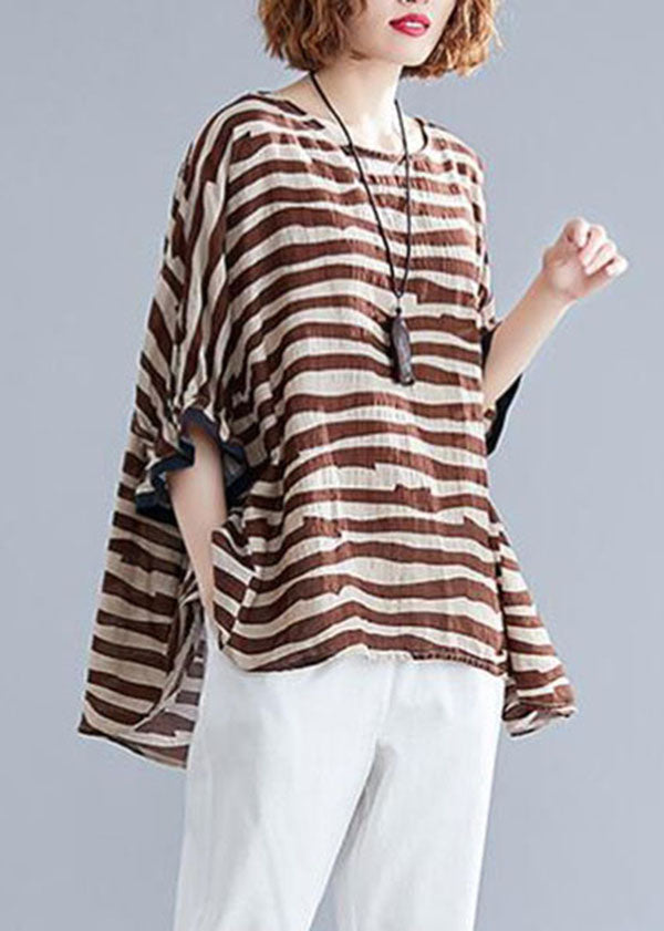 Boutique Red Striped Asymmetrical Patchwork Cotton Top Short Sleeve