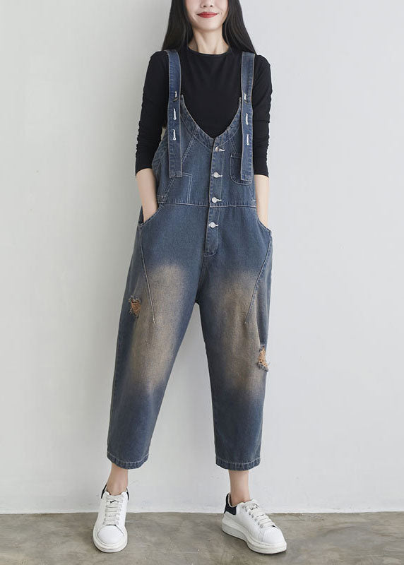 Boutique Dark Blue Patchwork Ripped Denim Jumpsuits Spring