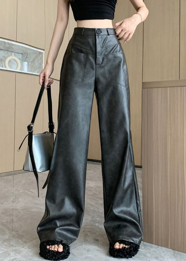 Boutique Dark Grey Pockets Faux Leather Wide Leg Pants Spring