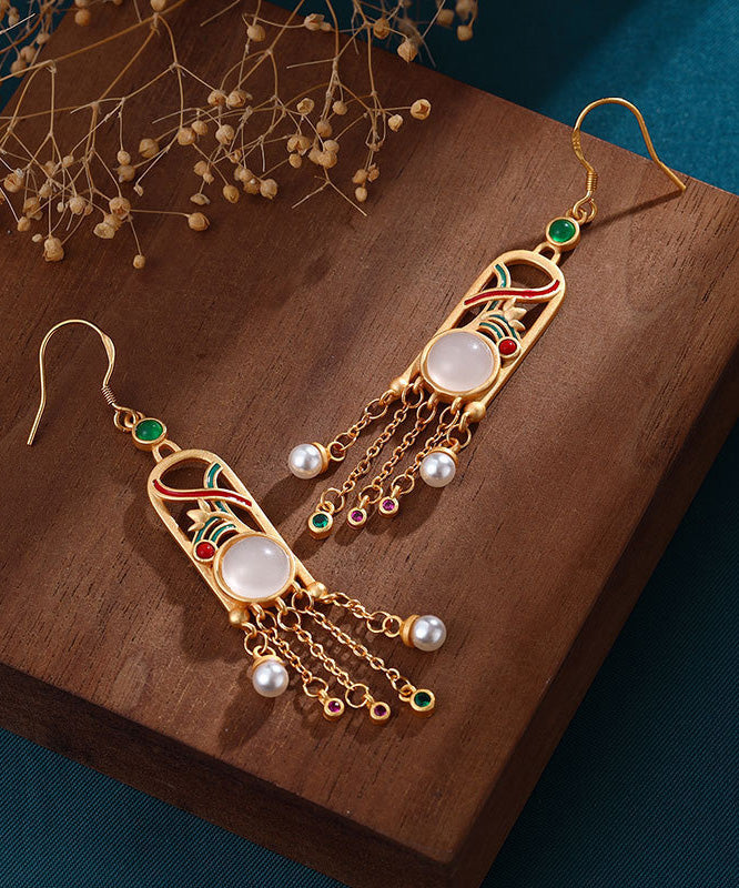 Boutique Gold Cloisonne Jade Tassel Drop Earrings