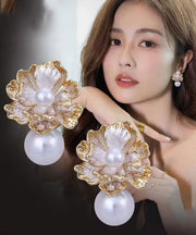 Boutique Gold Sterling Silver Overgild Pearl Floral Stud Earrings