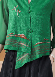 Boutique Green Asymmetrical Embroideried Silk Shirt Tops Bracelet Sleeve