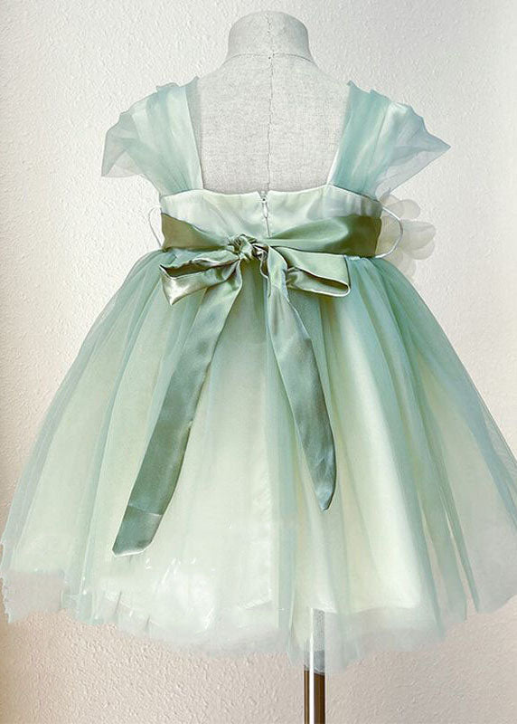 Boutique Green Floral Bow Patchwork Tulle Kids Girls Princess Dresses Summer