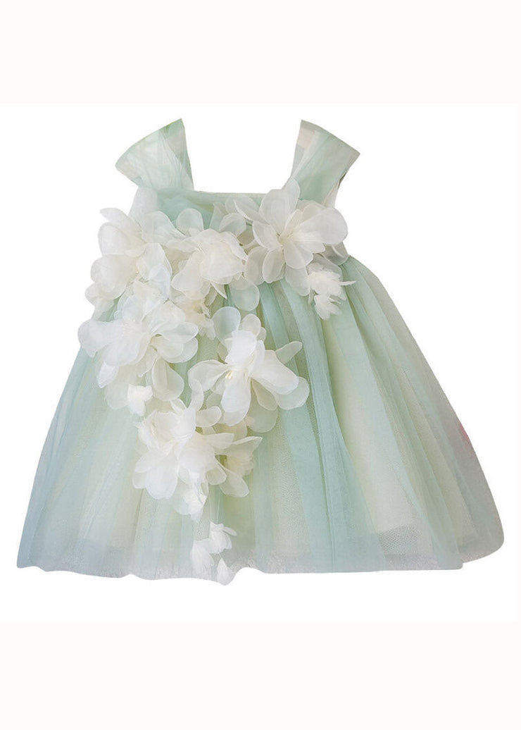 Boutique Green Floral Bow Patchwork Tulle Kids Girls Princess Dresses Summer