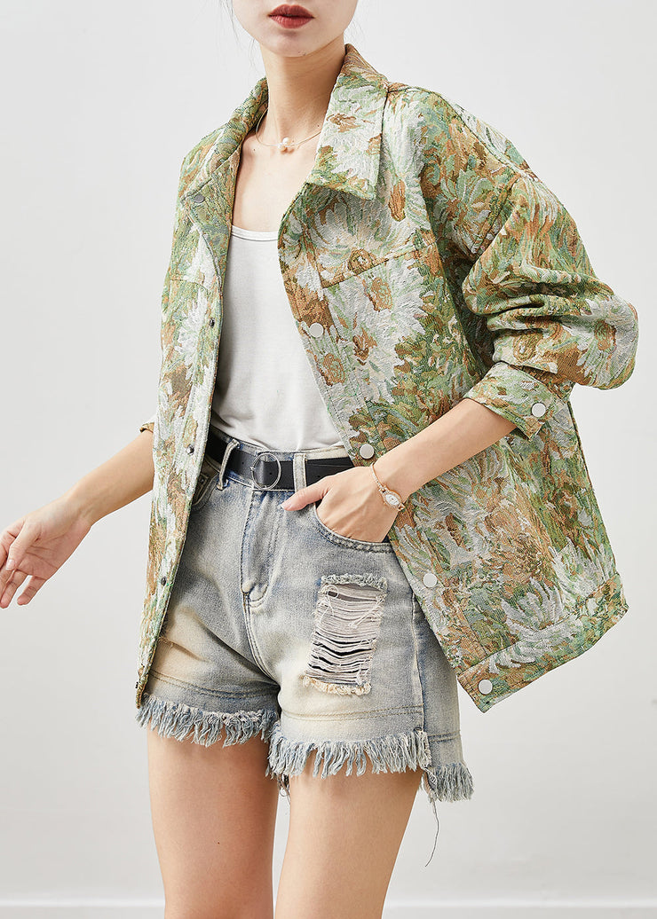 Boutique Green Oversized Floral Painting Denim Coat Fall