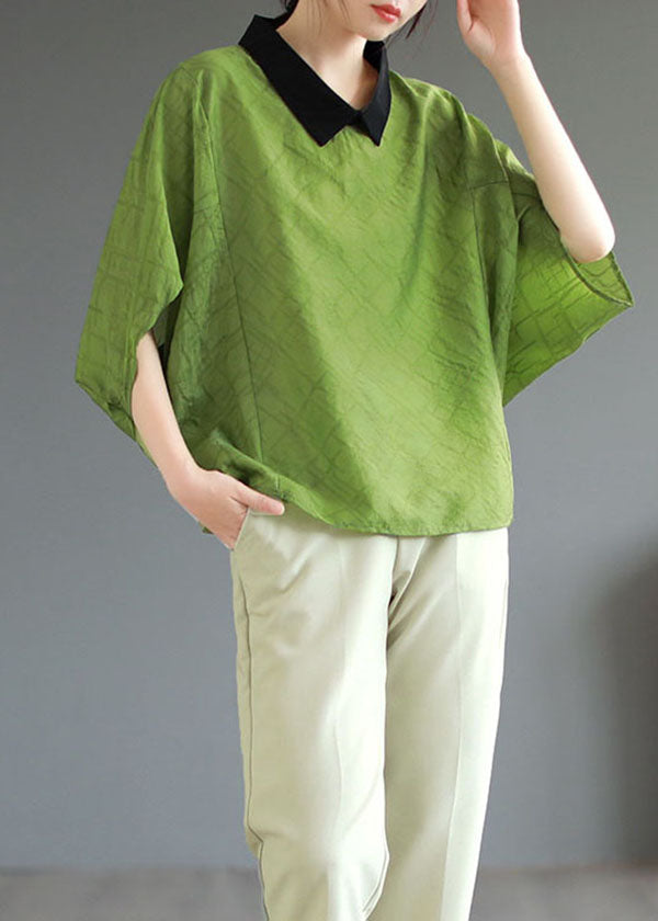 Boutique Green Peter Pan Collar Patchwork Cotton T Shirt Tops Batwing Sleeve