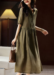 Boutique Green Peter Pan Collar Patchwork Linen Long Dresses Short Sleeve