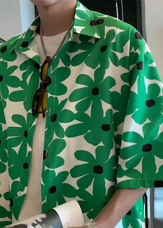 Boutique Green Peter Pan Collar Print Men Hawaiian Shirts Summer