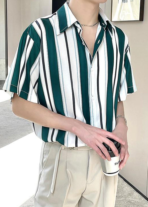 Boutique Green Peter Pan Collar Striped Chiffon Mens Shirt Summer