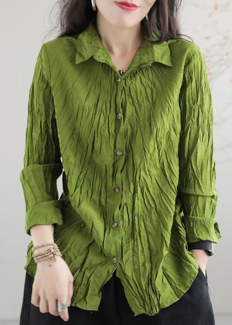 Boutique Green Peter Pan Collar Wrinkled Patchwork Cotton Shirt Top Spring