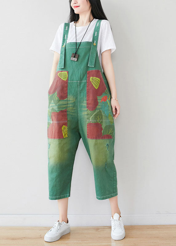 Boutique Green Pockets Patchwork Print Denim Jumpsuits Pants Spring