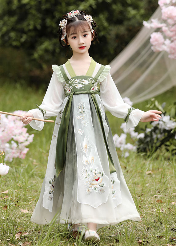 Boutique Green Ruffled Embroideried Patchwork Chiffon Kids Girls Dress Long Sleeve