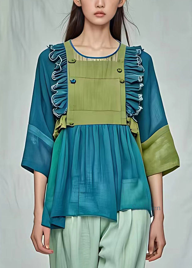 Boutique Green Ruffled Wrinkled Patchwork Shirt Full