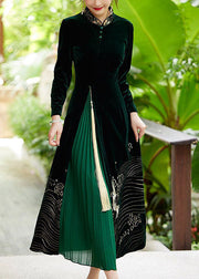 Boutique Green Tasseled Embroideried Patchwork Velour Dresses Spring