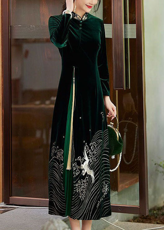 Boutique Green Tasseled Embroideried Patchwork Velour Dresses Spring