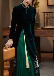 Boutique Green Tasseled Embroideried Patchwork Velour Dresses Spring