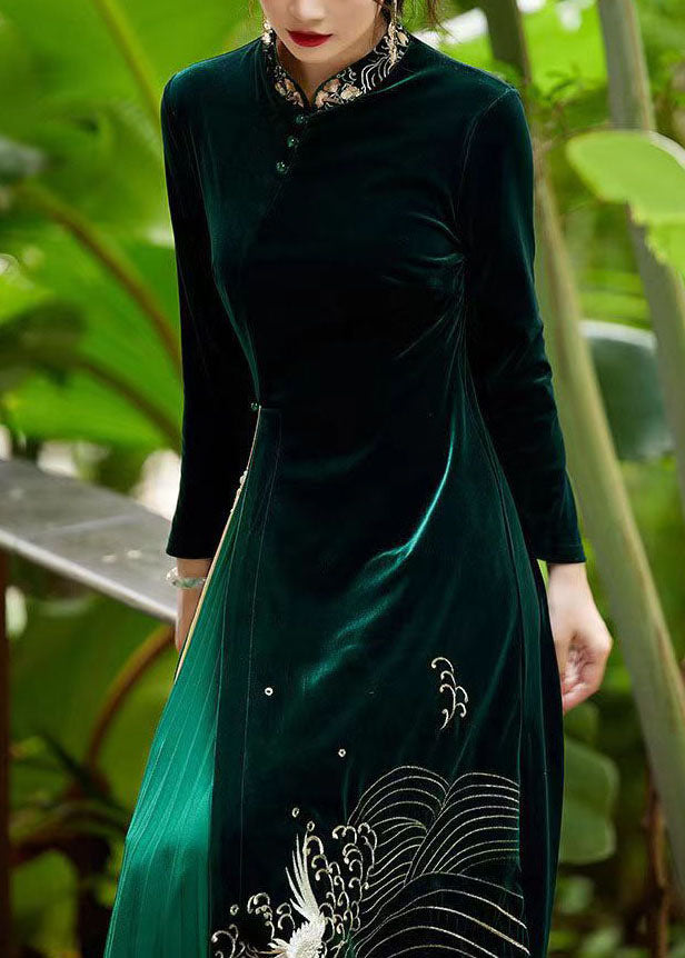 Boutique Green Tasseled Embroideried Patchwork Velour Dresses Spring