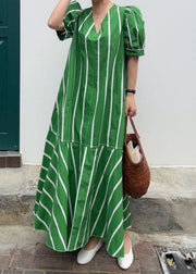 Boutique Green V Neck Striped Patchwork Cotton Dresses Summer