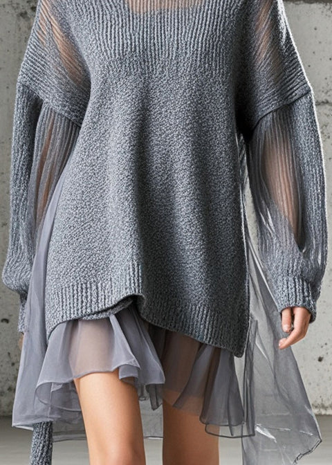 Boutique Grey Oversized Patchwork Tulle Knit Day Dress Fall