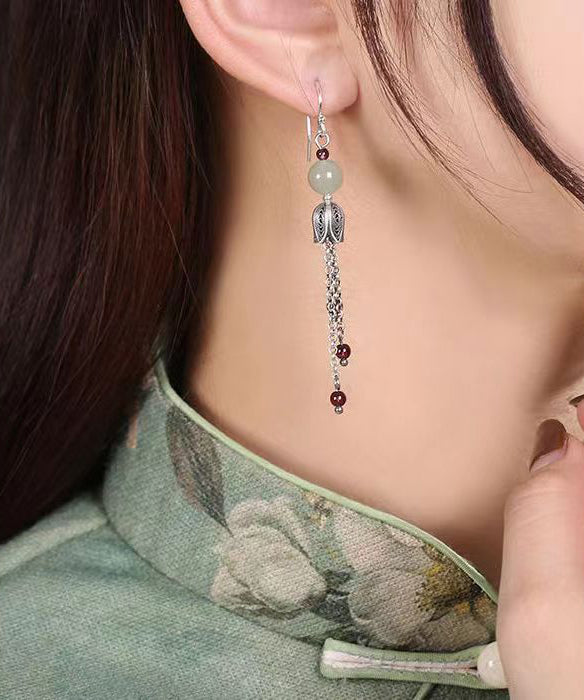 Boutique Jade Tassel Patchwork Silver Drop Earrings