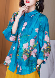 Boutique Lake Blue Peter Pan Collar Print Button Low High Design Ramie Linen Shirt Long Sleeve