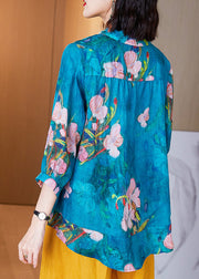 Boutique Lake Blue Peter Pan Collar Print Button Low High Design Ramie Linen Shirt Long Sleeve