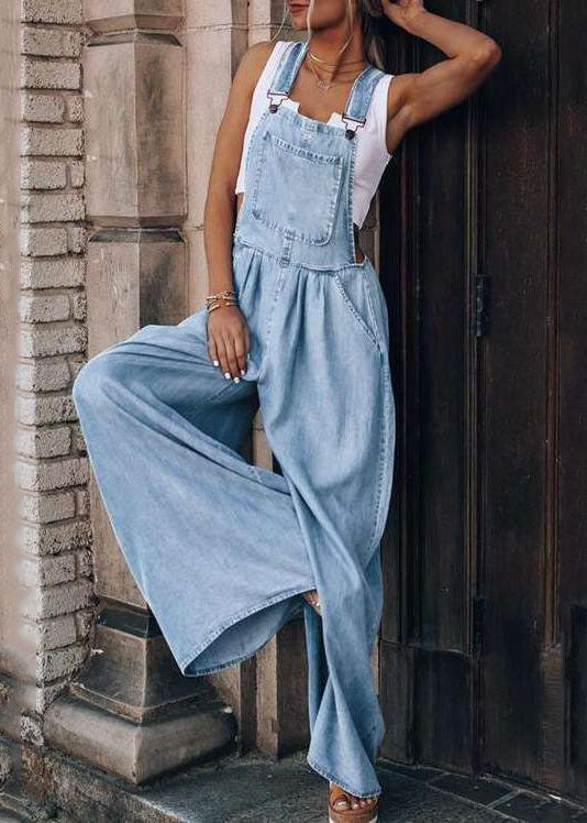 Boutique Light Blue Patchwork Denim Overalls Jumpsuit Summer