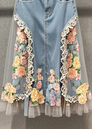 Boutique Light Blue Tulle Patchwork Flower Denim Skirts Fall