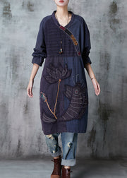 Boutique Navy Embroidered Patchwork Cotton Robe Dresses Spring