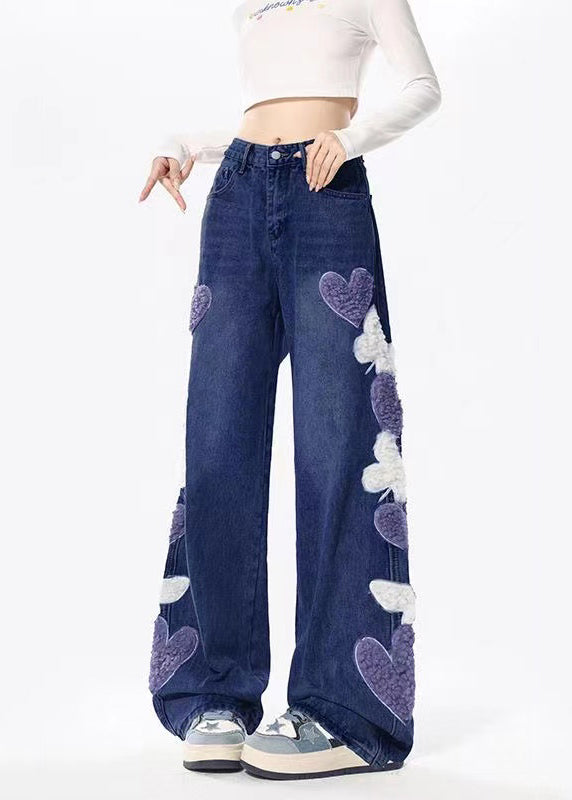 Boutique Navy Heart Embroideried Pockets Denim Wide Leg Pants Spring